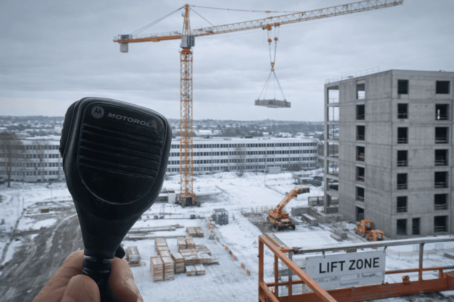 Signal plan on a construction site with radio communication between crane operator and signaller