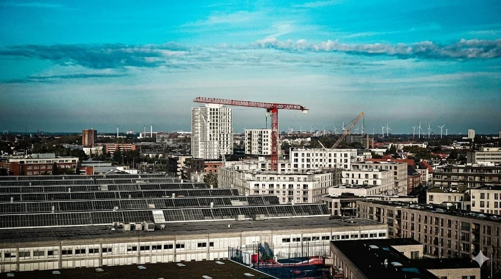 Krøll tower crane in operation on a large Danish construction site, operated by an experienced crane operator from KSR Cranes